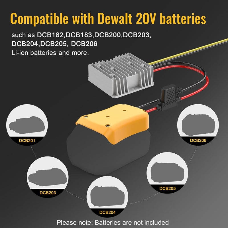 Azocek 2 Pack 20V to 12V Step Down Converter Compatible with DeWalt 20V Power Wheel Battery Adapter, DC 12V 20A 240W Buck Converter Regulator 30A Fuse & Wire Terminal - Image 3